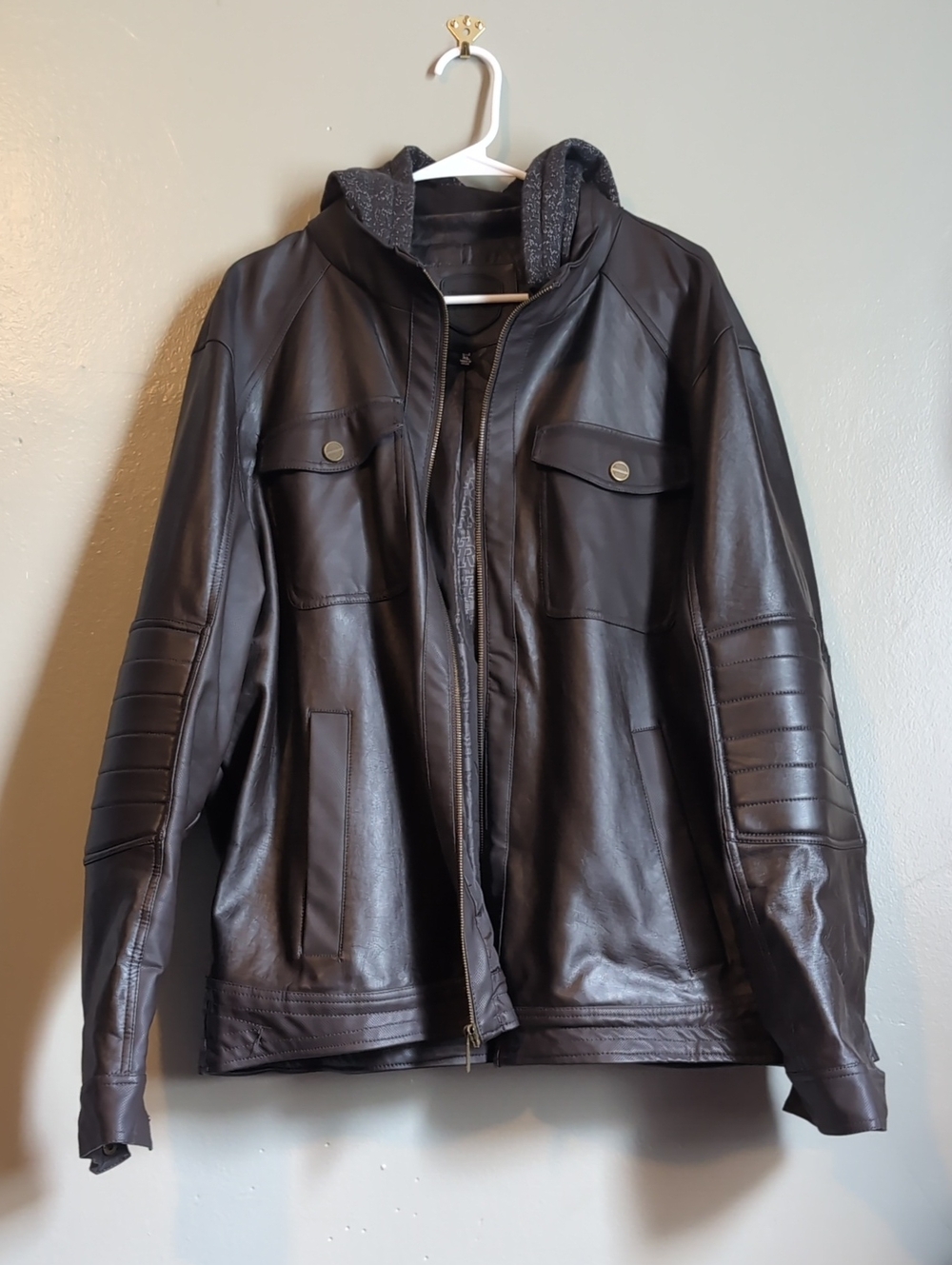 Urban Republic Black Faux Leather Bomber Jacket with Hood